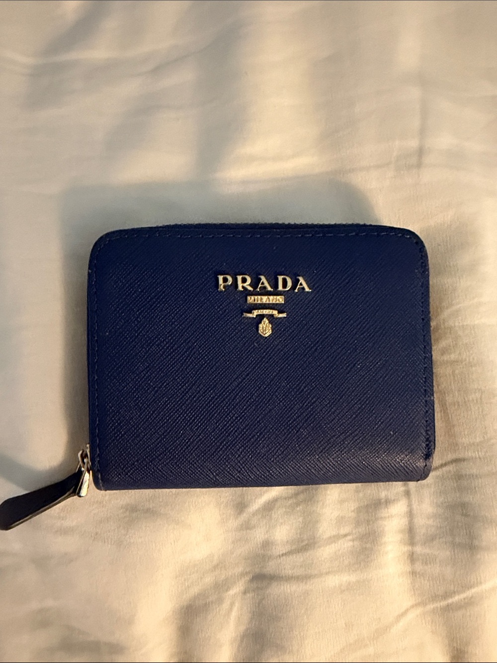 Blue Saffiano Leather Zip Card Holder with Gold Logo
